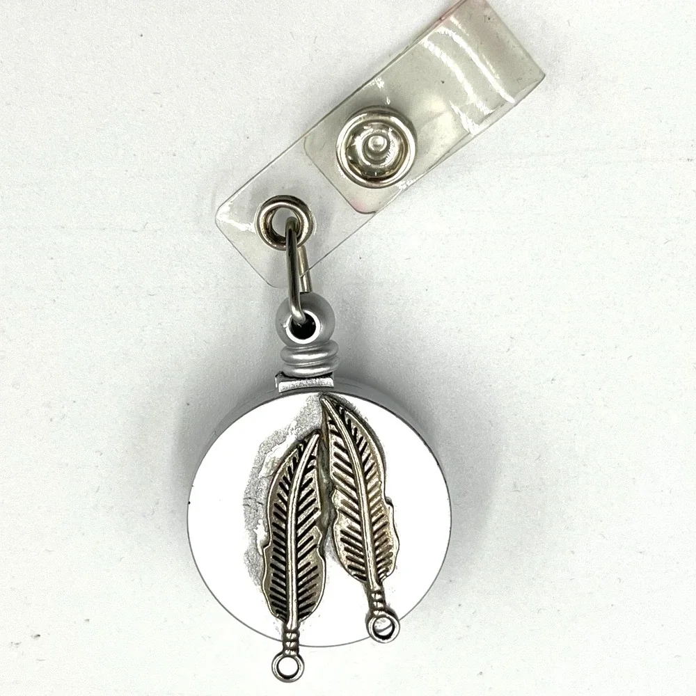 Vintage Western Boho Double Feather Retractable Badge Reel Silver Tone ID Holder